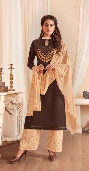 Brown Cotton and satin Palazzo Suit