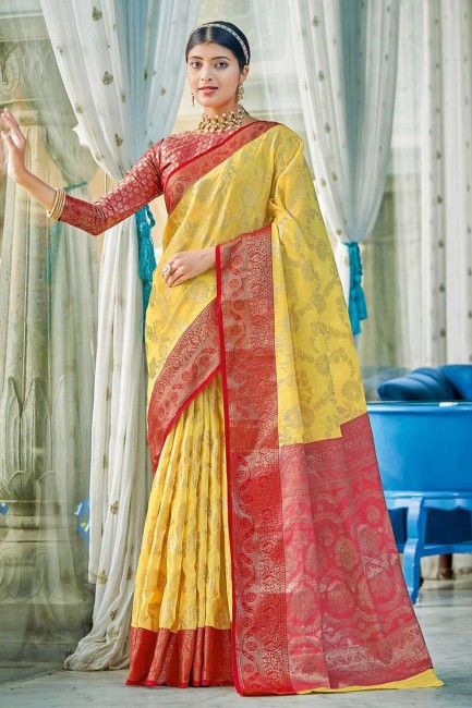 Yellow Banarasi Saree in Cotton with Zari,weaving