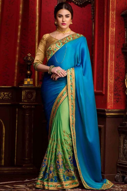 Green Saree in Embroidered Satin