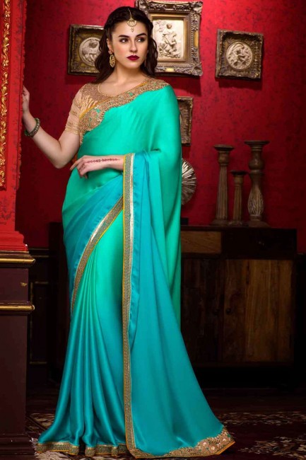 Saree in Green Satin with Embroidered