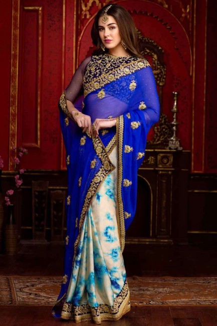 Chiffon Embroidered Royal blue Saree with Blouse