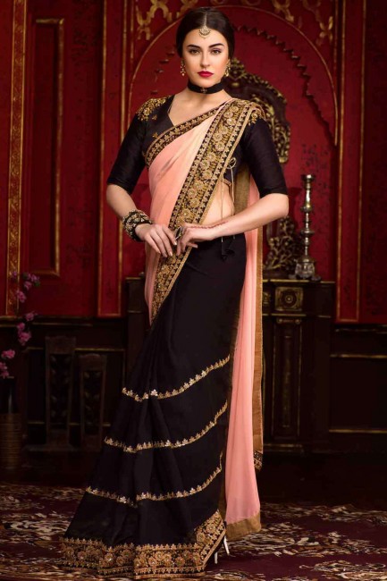 Embroidered Georgette Saree Blouse in Black