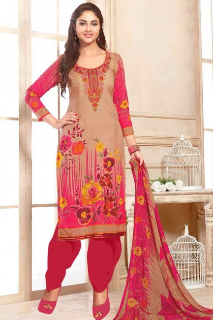 Embroidered Cotton Palazzo Suit in Beige with Dupatta