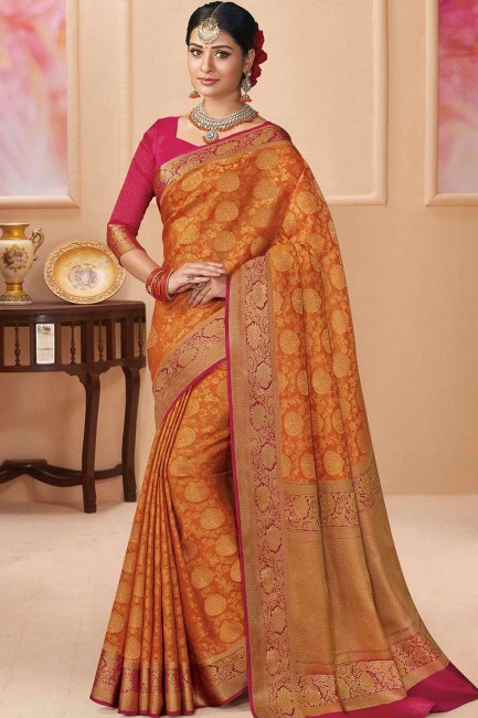Magnificent Orange Silk and tissue saree
