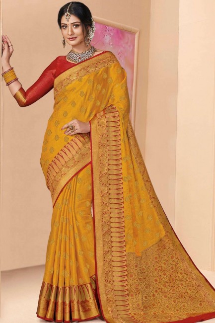Yellow Silk and tissue saree