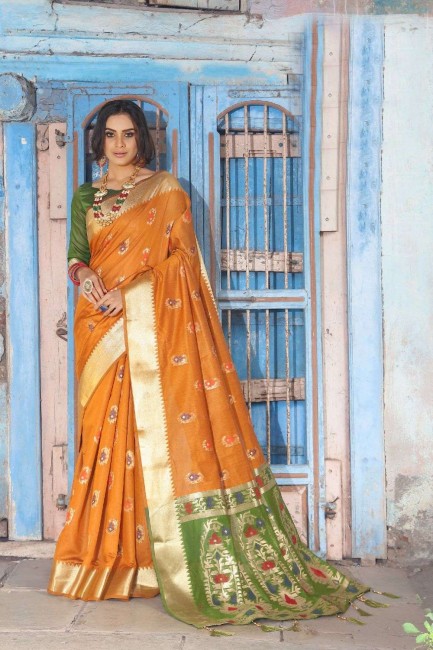 Musterd color Silk Handloom South Indian Saree