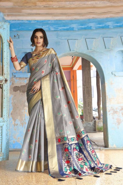 Splendid Grey color Silk Handloom South Indian Saree