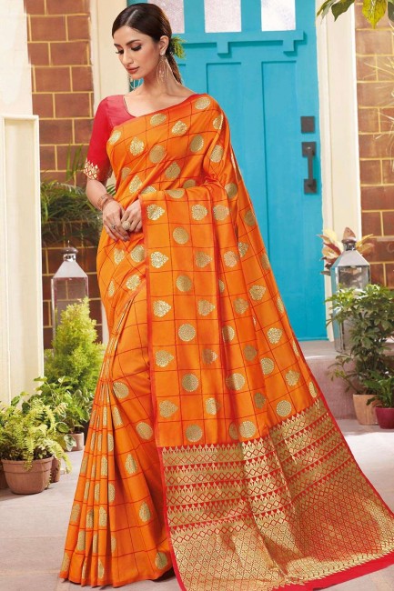 Orange color Soft Silk South Indian Saree