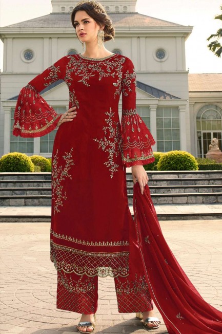 Red color Georgette Palazzo Suit