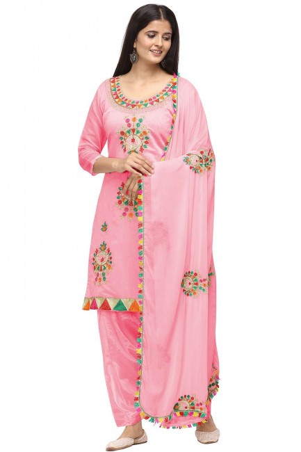 Pink color Chanderi Cotton Patiala Suit