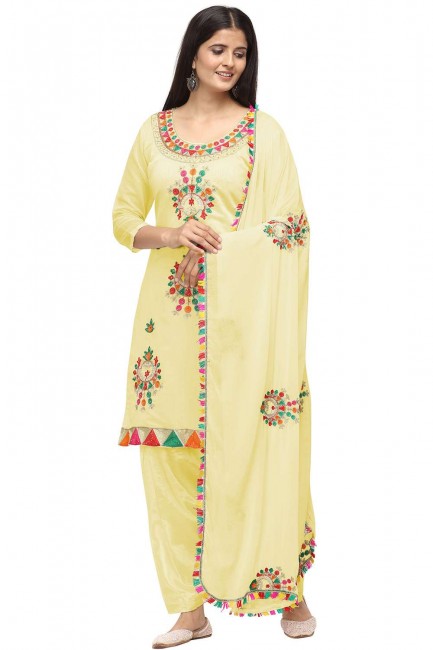Yellow color Chanderi Cotton Patiala Suit