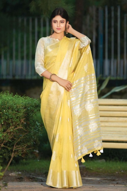 Ethinc Yellow Cotton and linen saree