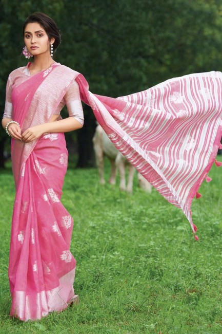 Luring Pink Cotton and linen saree