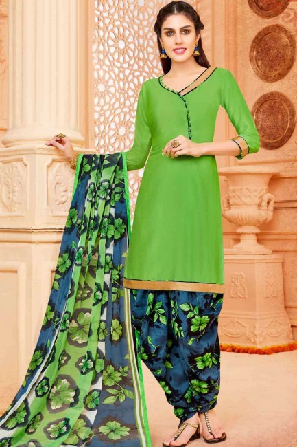 Green Printed Cotton Patiala Suit