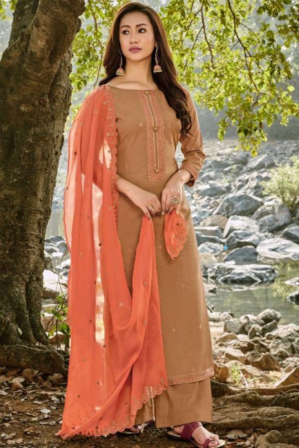 Beige Chanderi and cotton Palazzo Suit