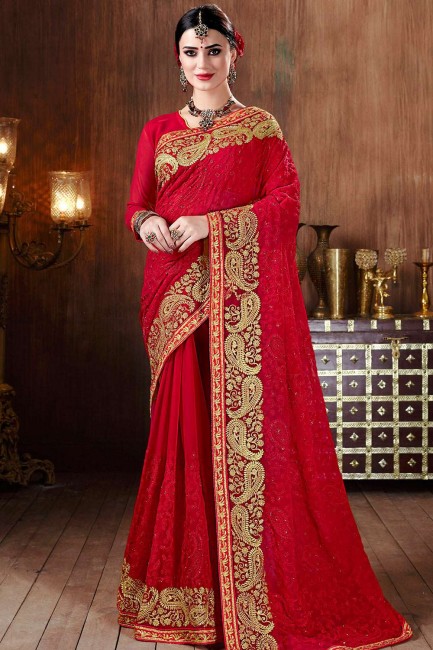 Red Georgette  Party Wear Saree