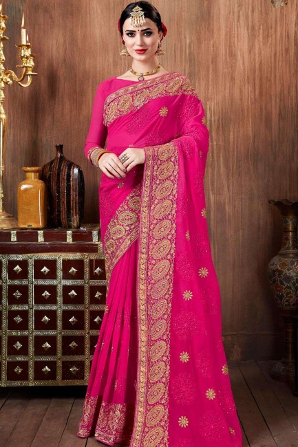 Fashionable Rani pink Georgette Party Wear Saree