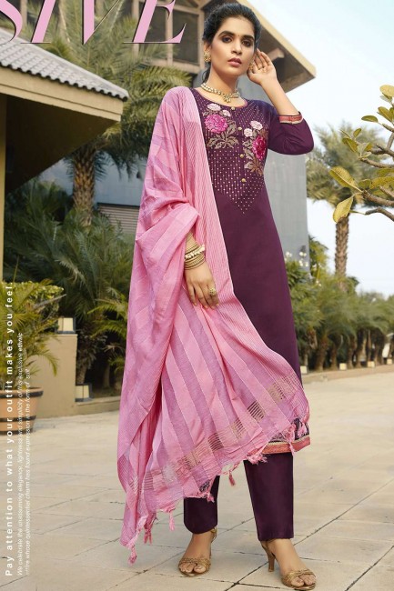 Purple Cotton and silk Salwar Kameez