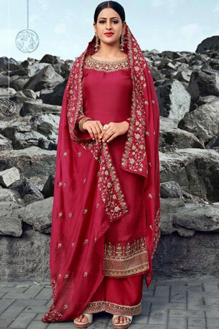 Red Georgette and satin Palazzo Suit