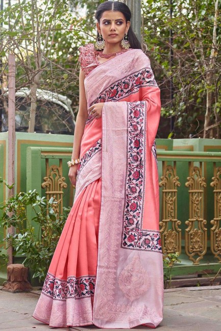 Baby pink Satin and silk  South Indian Saree