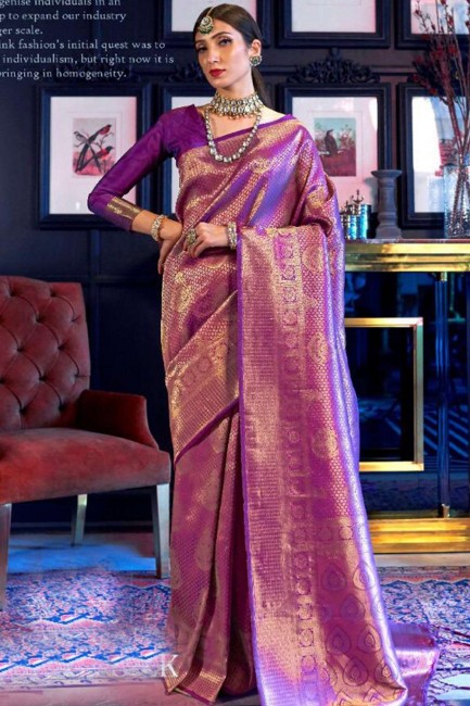 Purple Raw silk  South Indian Saree