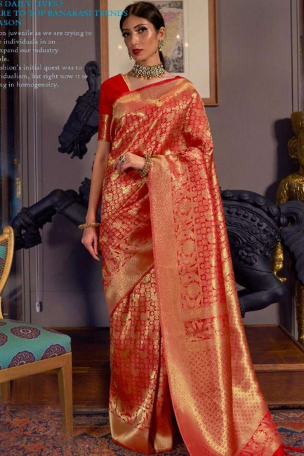 Red Raw silk South Indian Saree