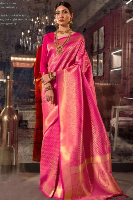 Pink Raw silk  South Indian Saree