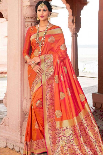 Attractive Orange Banarasi raw silk Saree