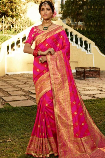 Gorgeous Rani pink Banarasi raw silk Saree