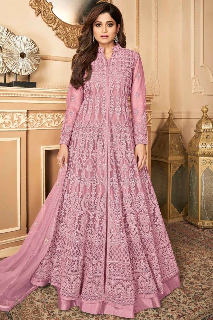 Old rose pink Net Anarkali Suit