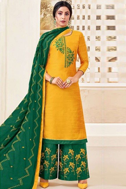 Yellow Cotton and silk Patiala Suit