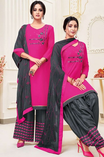 Rani pink Cotton and silk Patiala Suit