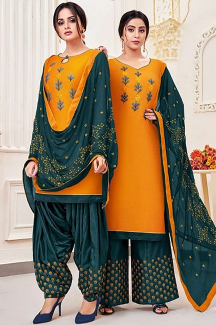 Mustard Cotton and silk Patiala Suit