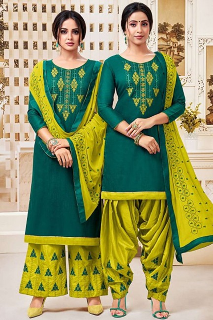 Green Cotton and silk Patiala Suit