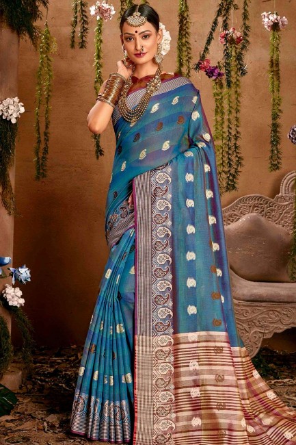 Blue Cotton  South Indian Saree