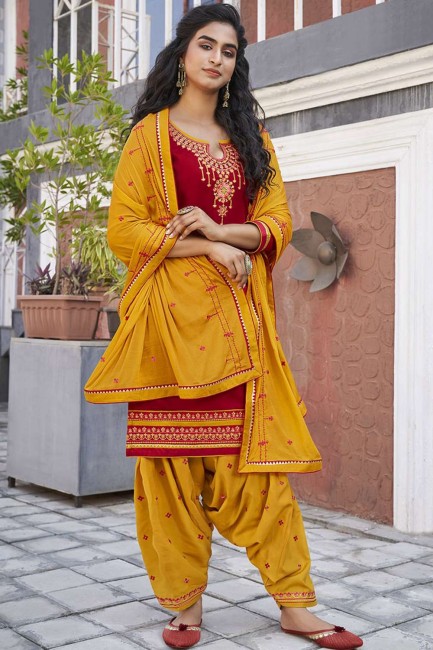 Enticing Red Cotton Patiala Suit