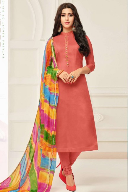 Rust red Chanderi and cotton Churidar Suit