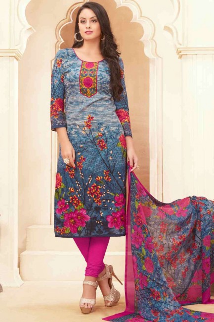 Blue Printed Patiala Suit in Cotton