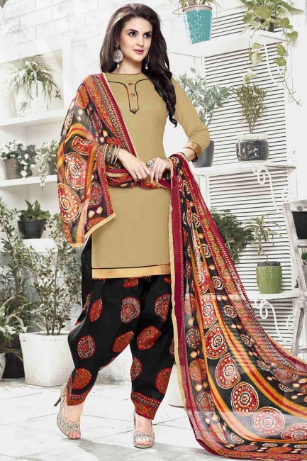 Beige Patiala Suit with Printed Cotton