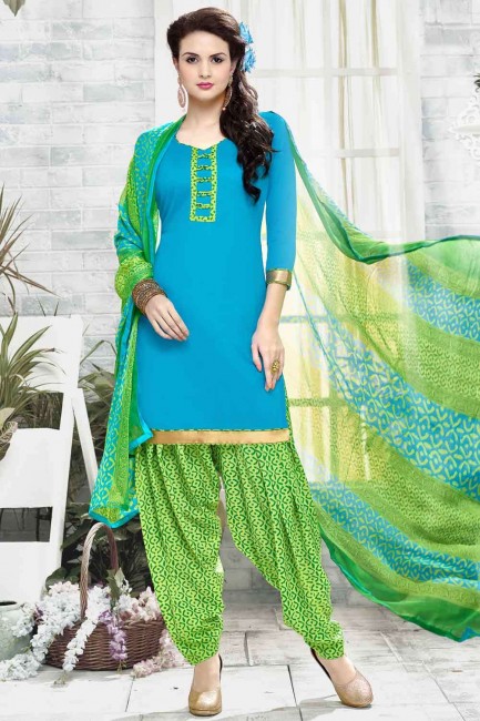 Cotton Patiala Suit in Blue with Printed