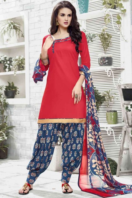 Cotton Patiala Suit with Printed in Red