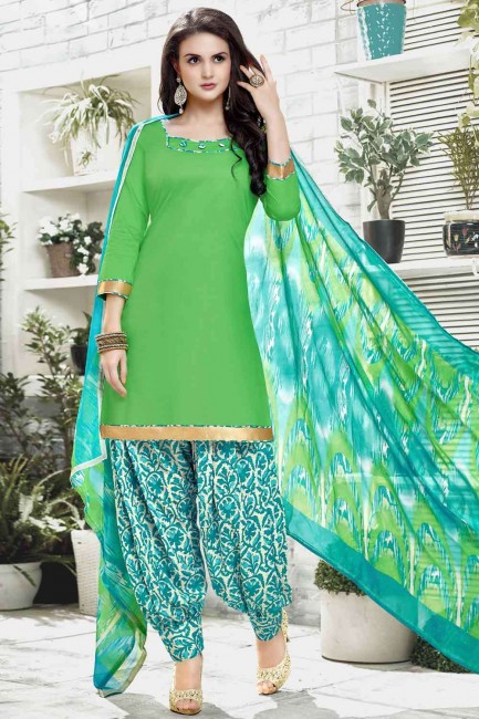 Patiala Suit in Green Cotton with Printed