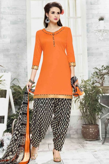 Patiala Suit in Orange Cotton with Printed