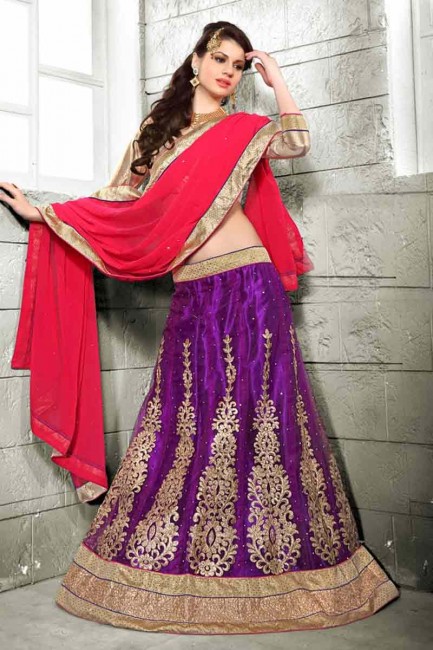 Appealing Purple color Net semi stitched Lehenga