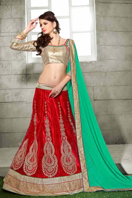 Contemporary Red color Net semi stitched Lehenga