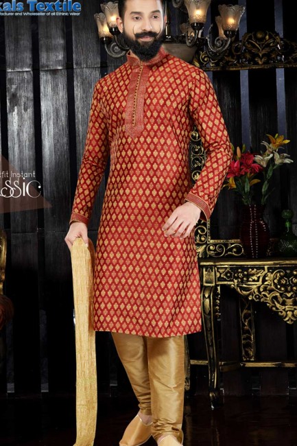 Elegant Marron Art Dupion Printed Ethnic Wear Kurta Kurta Pajama