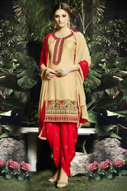 Beige Cotton and satin Patiala Suit with Embroidered