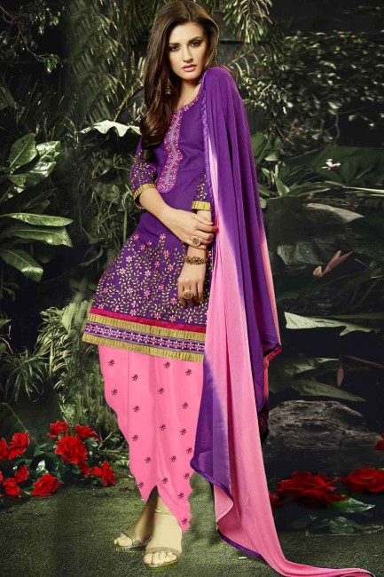 Violet Embroidered Cotton and satin Patiala Suit