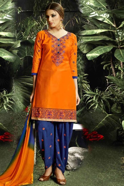 Embroidered Cotton and satin Orange Patiala Suit with Dupatta