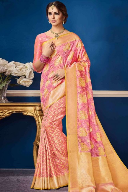 Charming Pink Banarasi raw silk Saree